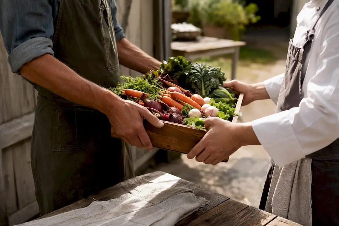 Chef receiving fresh produce from farmer