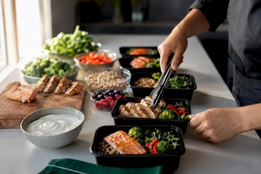 Fresh ingredients portioned for weekly meal prep