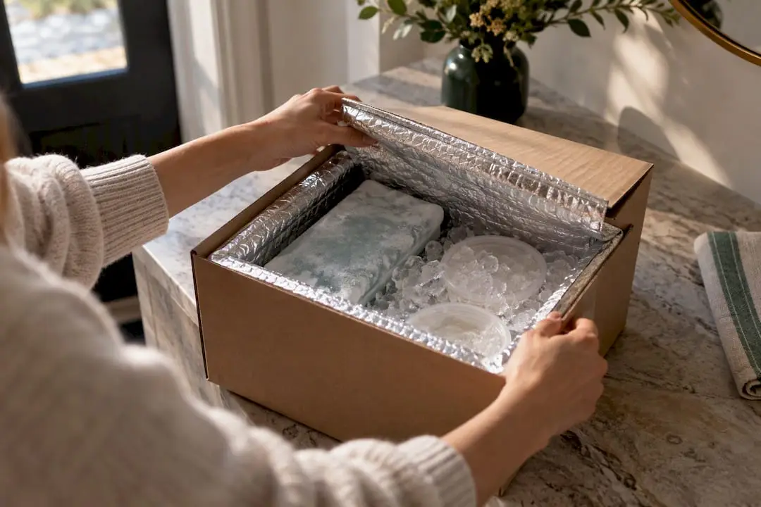 Hands checking a cold insulated food parcel
