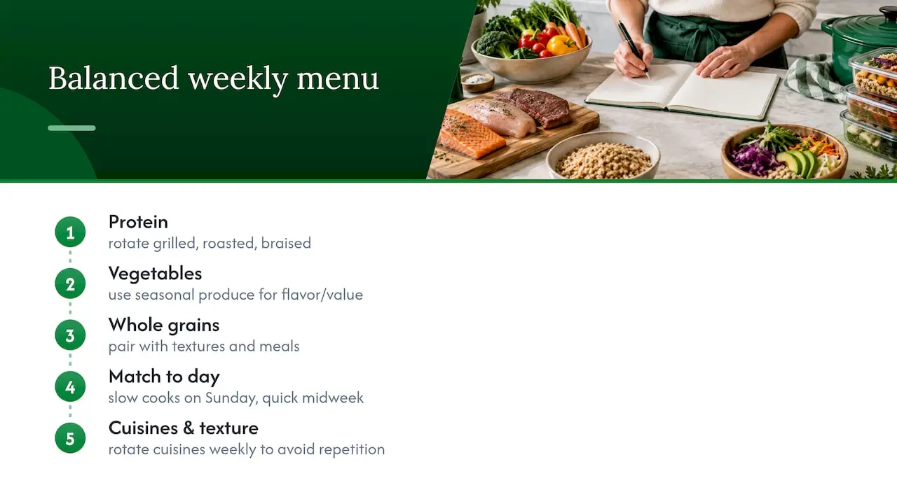 Balanced weekly menu components and variety