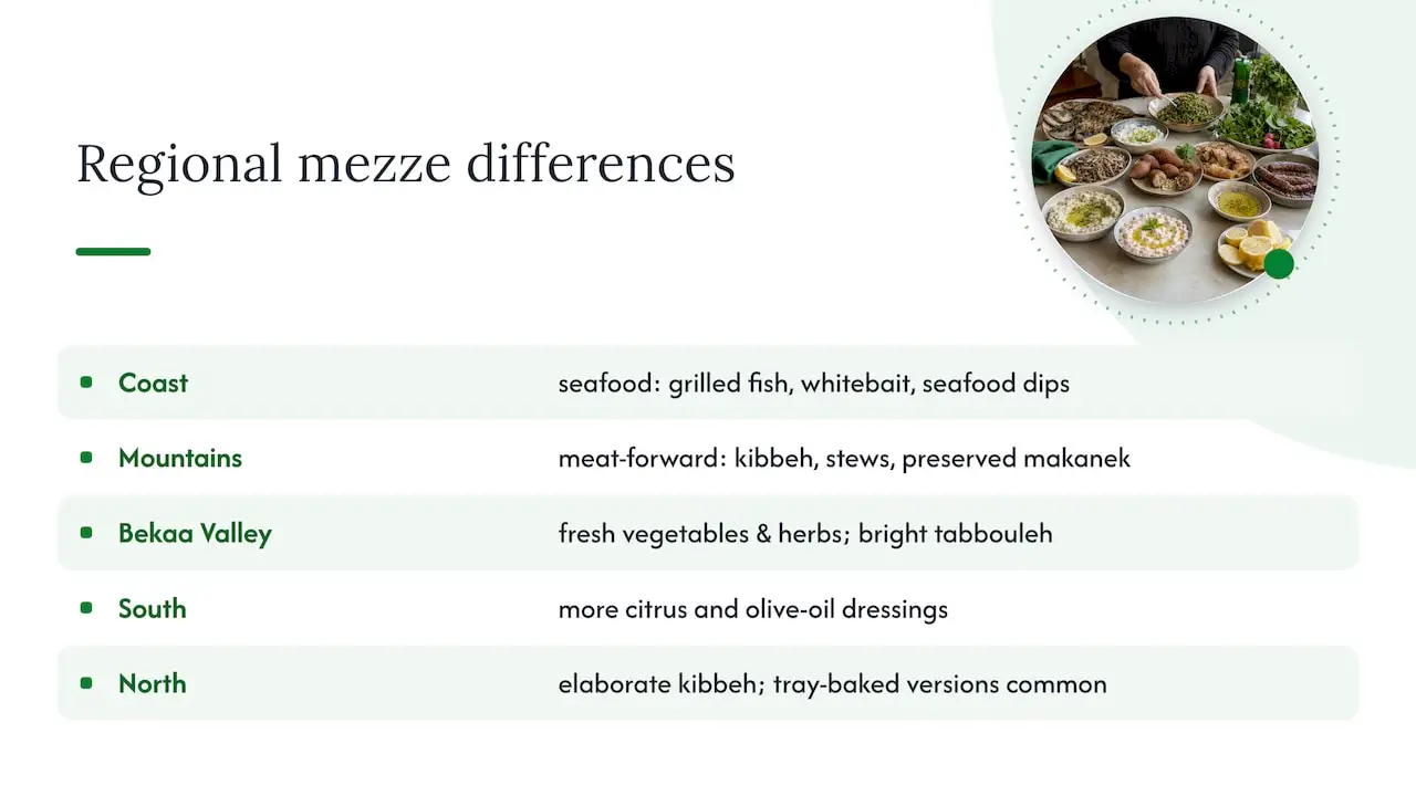 Regional Lebanese mezze characteristics comparison