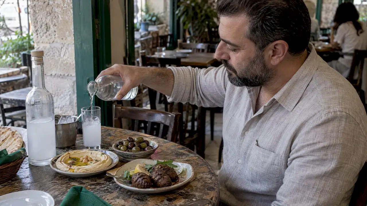 Water turning arak cloudy beside mezze