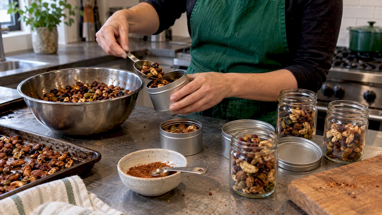 Savory snack mixes portioned into gift containers