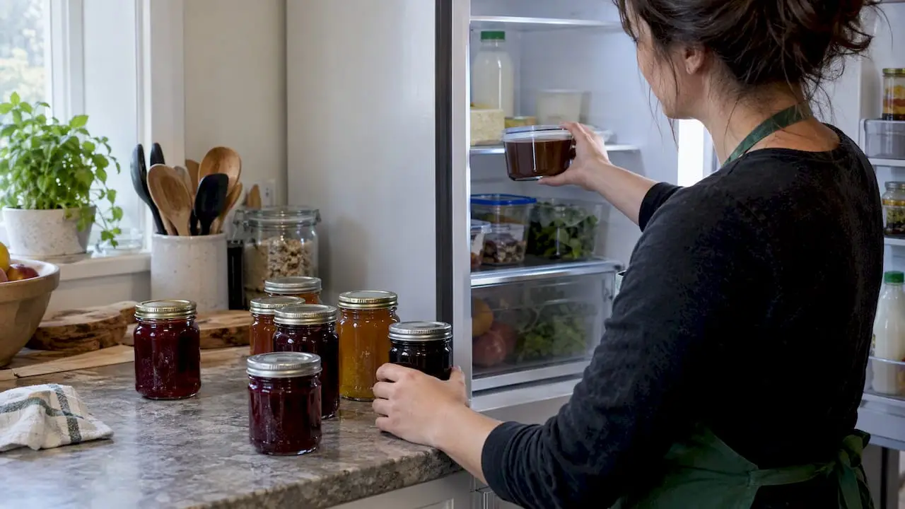 Jam jars beside refrigerated chocolate sauce