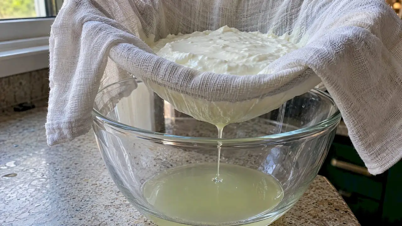 Plain yogurt draining through cloth