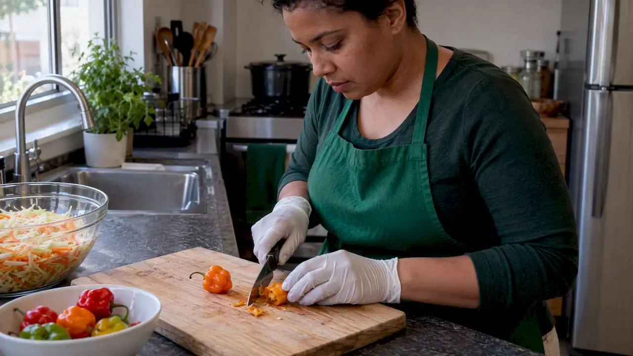 Gloved hands slicing a Scotch bonnet pepper
