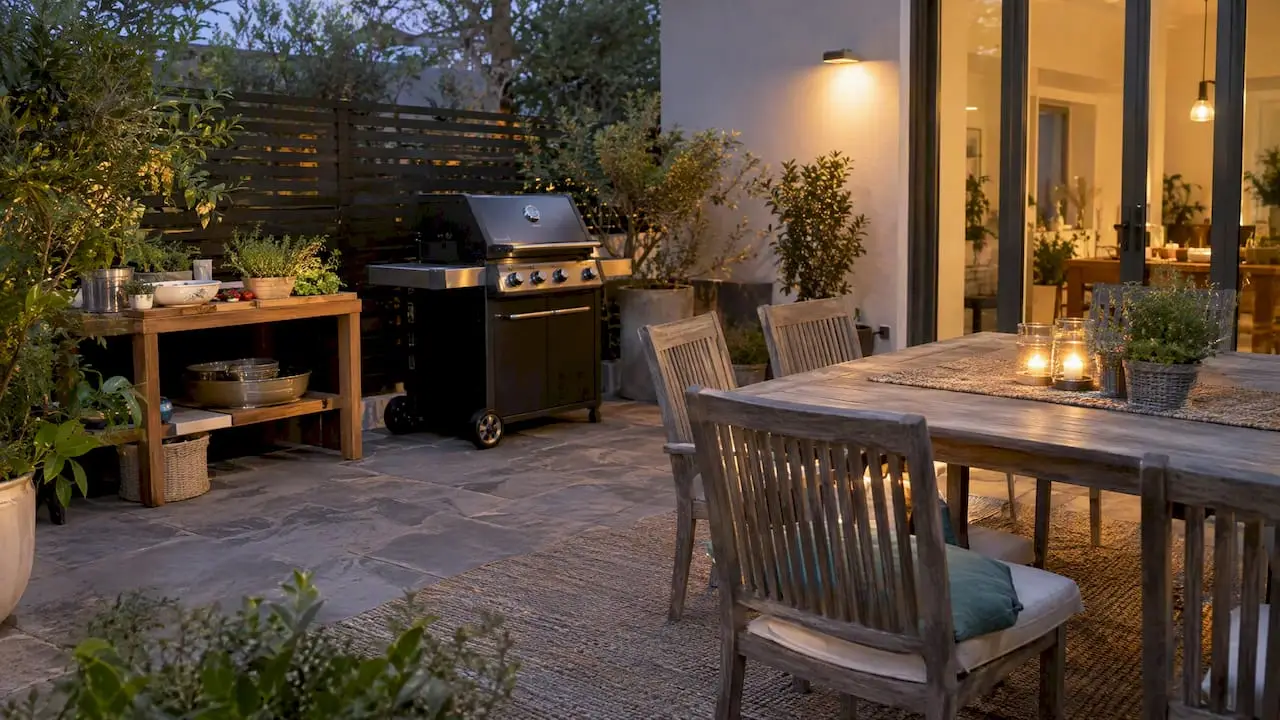 Brighter grill path beside softly lit dining table