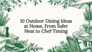 Illustrated outdoor dining objects frame the title