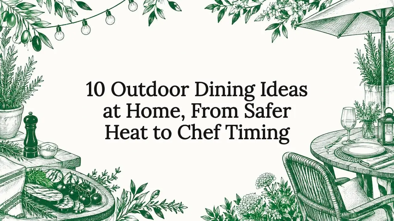 Illustrated outdoor dining objects frame the title