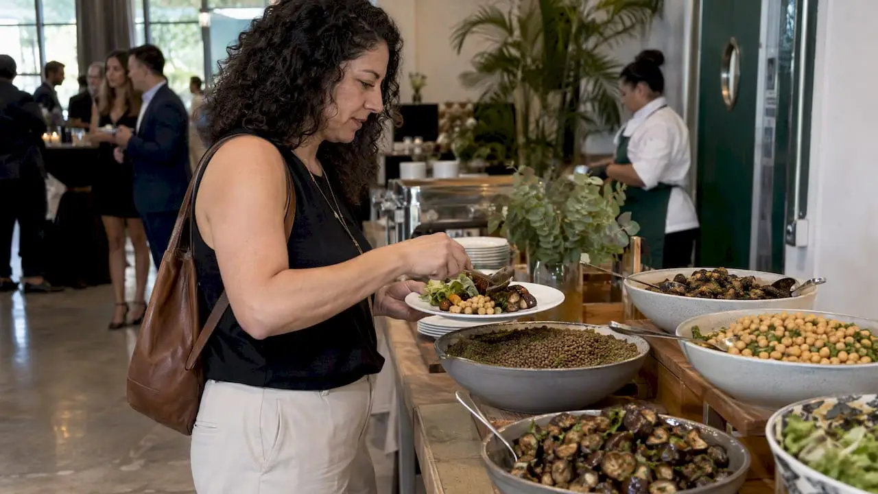 Guest serving lentils at a plant-forward buffet