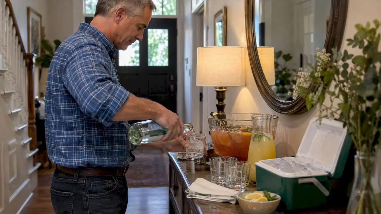 Guest pouring sparkling water at a drink station