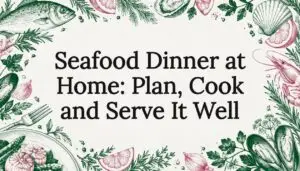 Hand-drawn seafood motifs frame the title