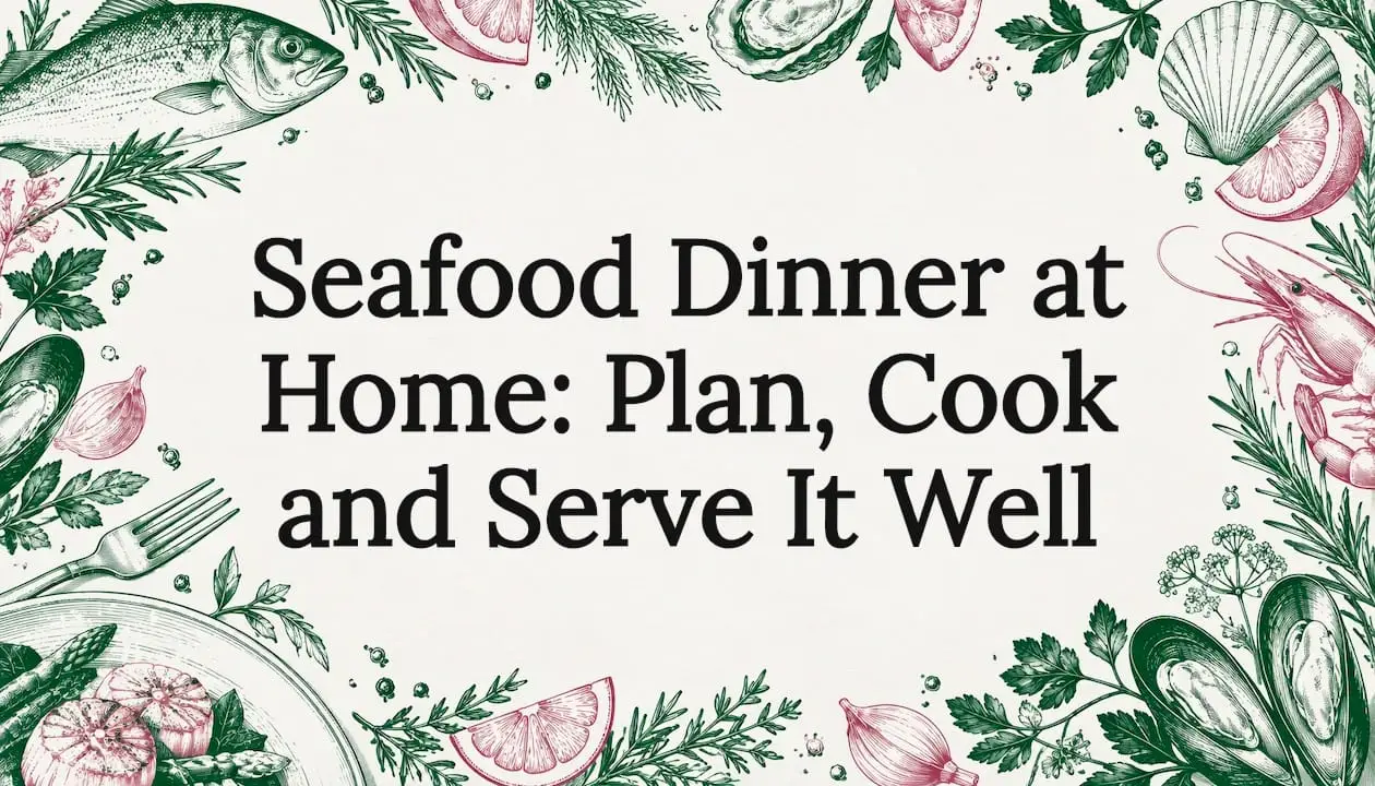Hand-drawn seafood motifs frame the title