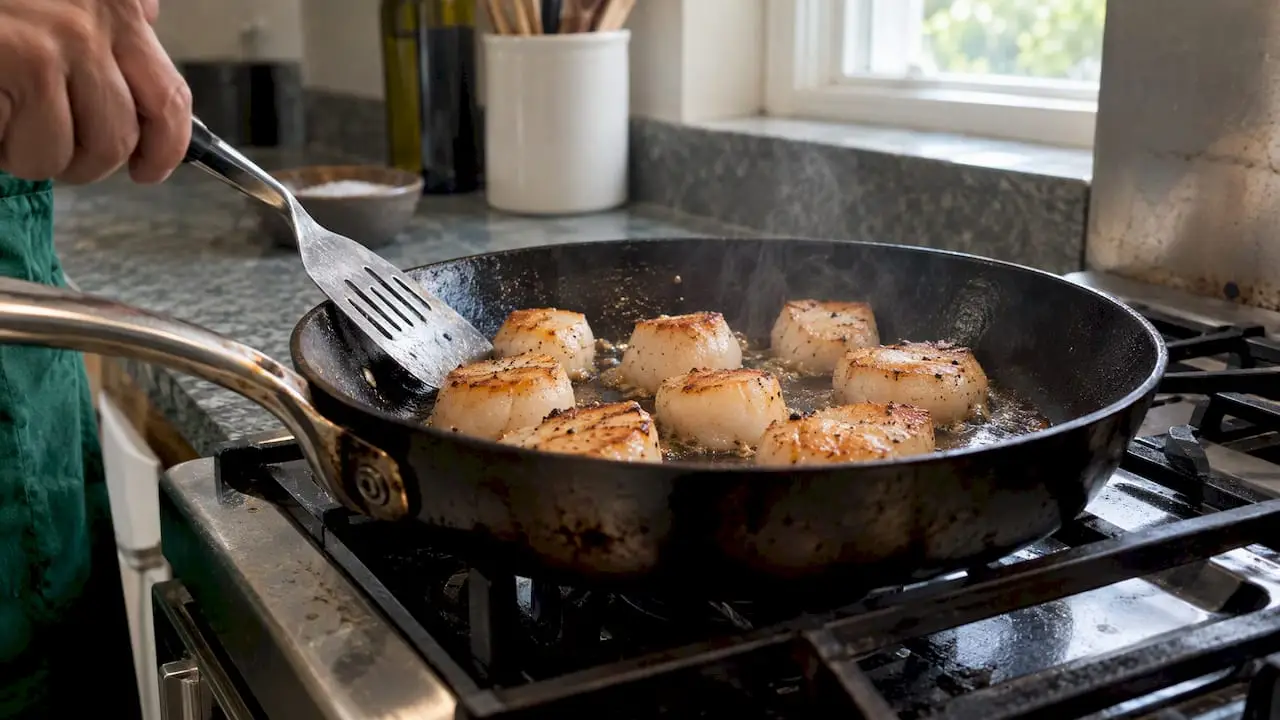 Scallops searing in a hot home pan