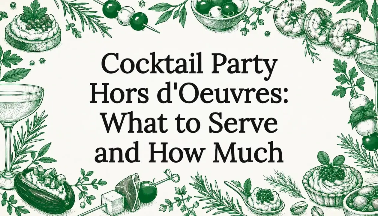 Hand-drawn hors d'oeuvres frame a clear title area