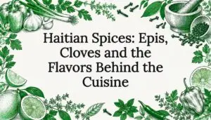 Hand-drawn Haitian herbs, cloves and cooking tools