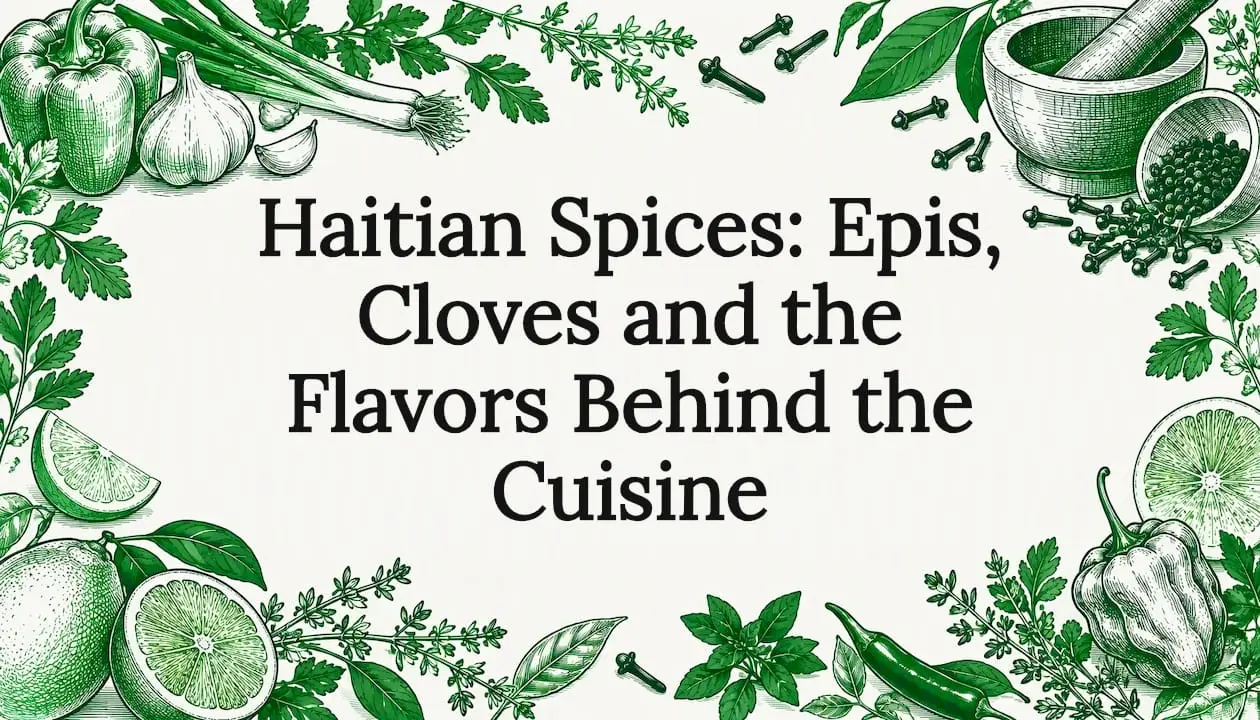 Hand-drawn Haitian herbs, cloves and cooking tools