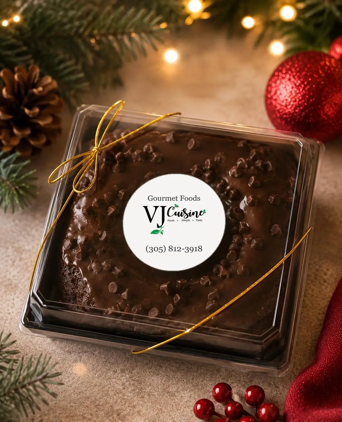 Chocolate holiday cake in a clear gift box tied with gold ribbon
