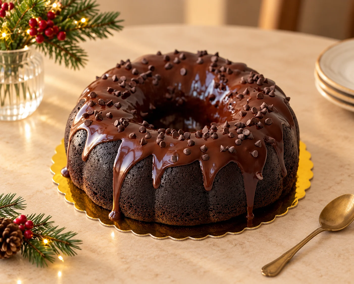 Chocolate bundt cake with glaze on a wooden table with pine branches