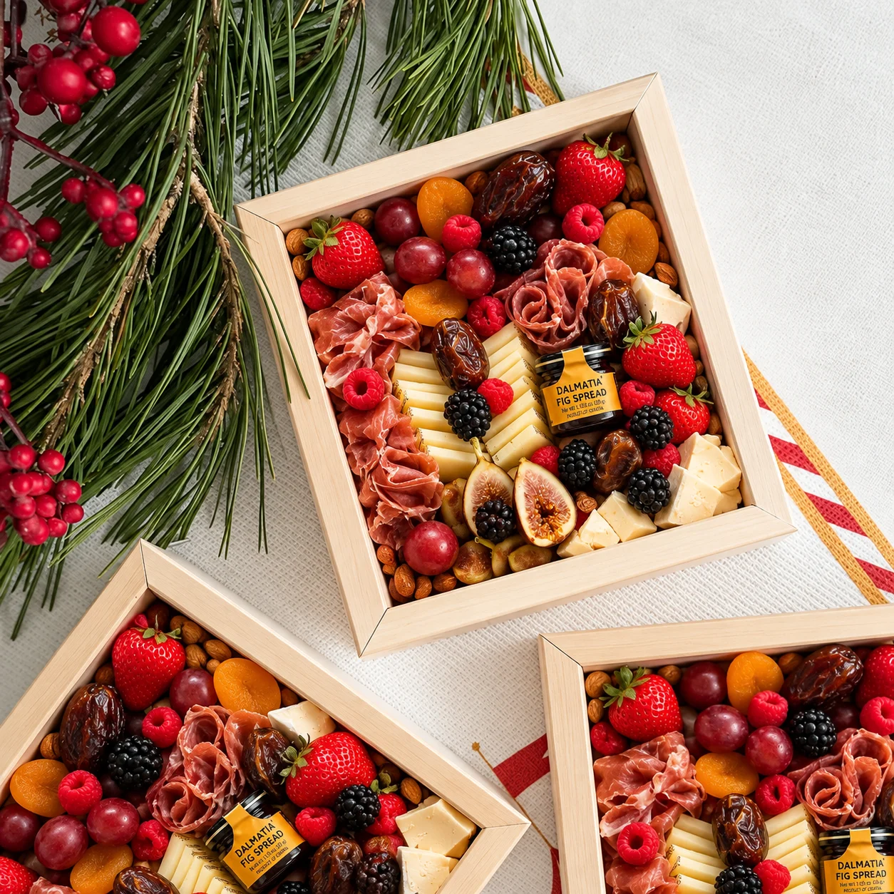 Charcuterie gift boxes with fruit, cheese and cured meats