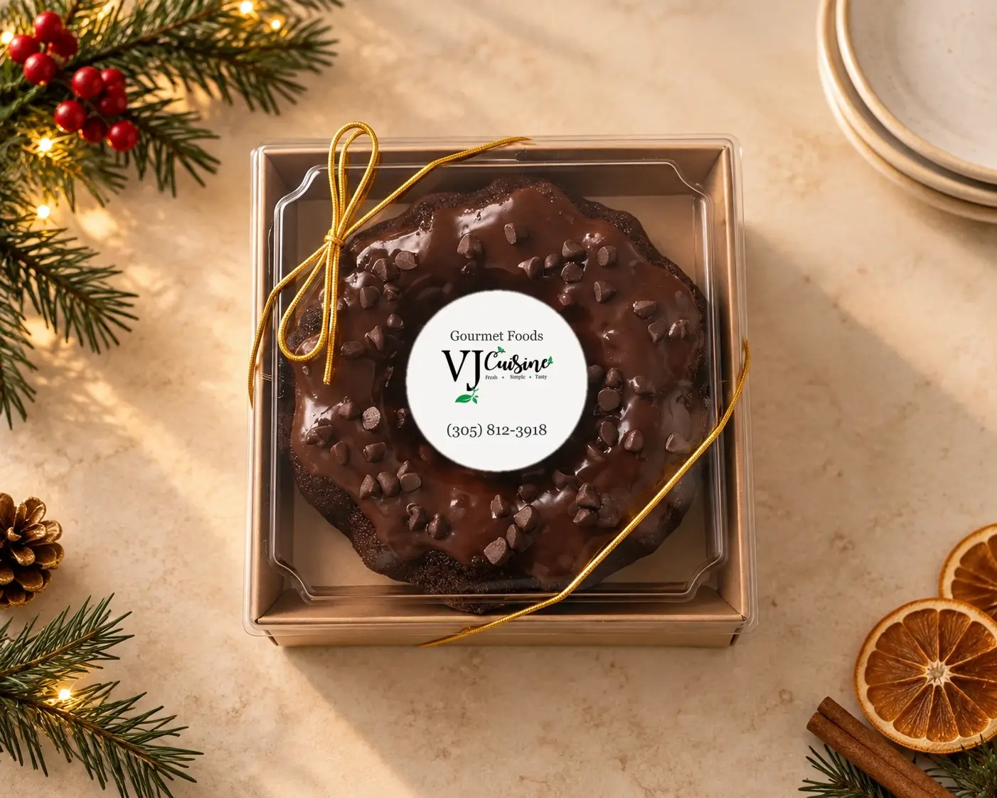 Chocolate cake gift box with gold ribbon and dried orange slices