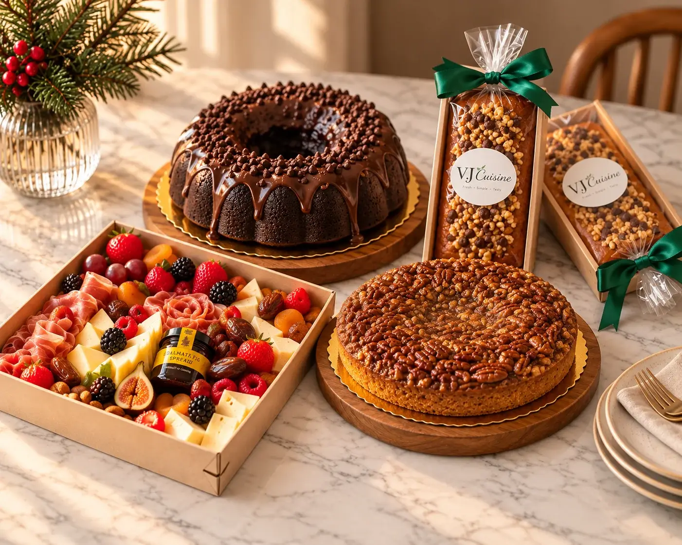 Christmas catering table with bundt cake, loaf cakes, charcuterie box and pecan pie