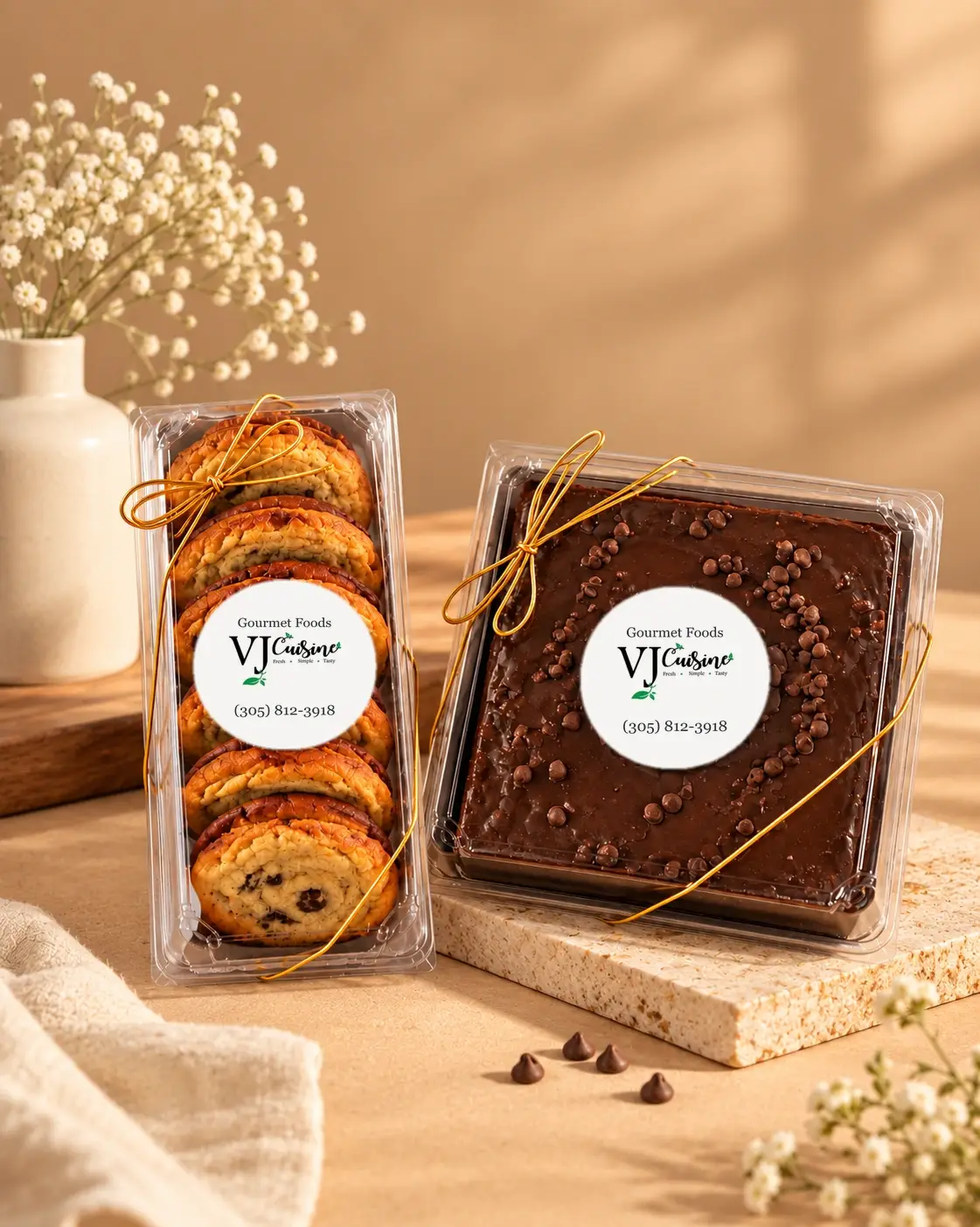 Boxed cookies and brownie gift box with gold ribbon