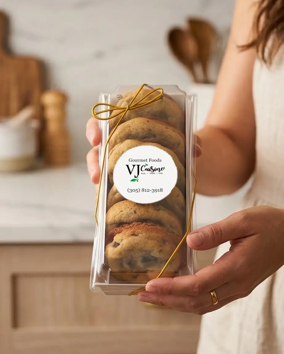 Hand holding a boxed cookie gift from VJ Cuisine
