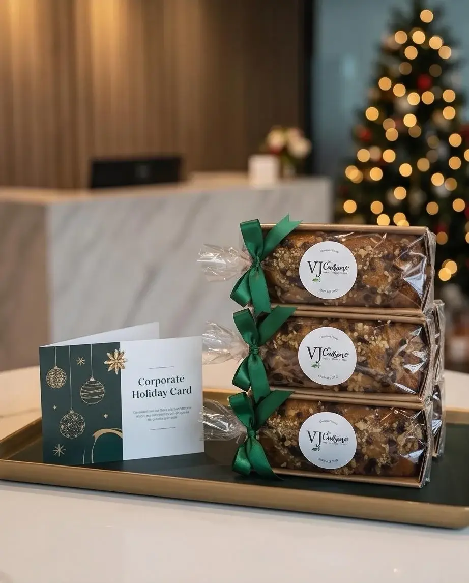 Holiday loaf cakes with green ribbon beside a corporate holiday card