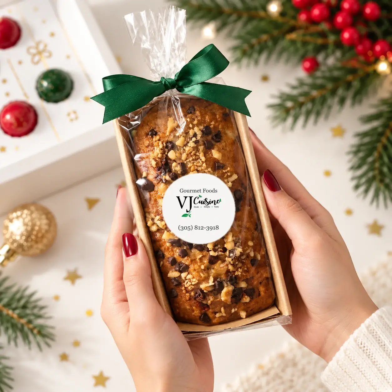 Hands holding a loaf cake gift with green ribbon and VJ Cuisine label