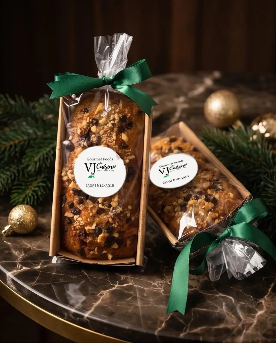 Holiday gift boxes with loaf cakes and green ribbon