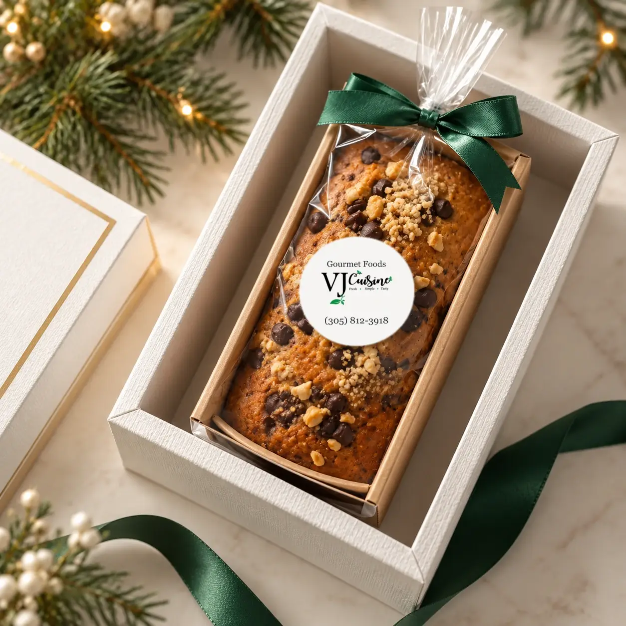Loaf cake in a white gift box with green ribbon