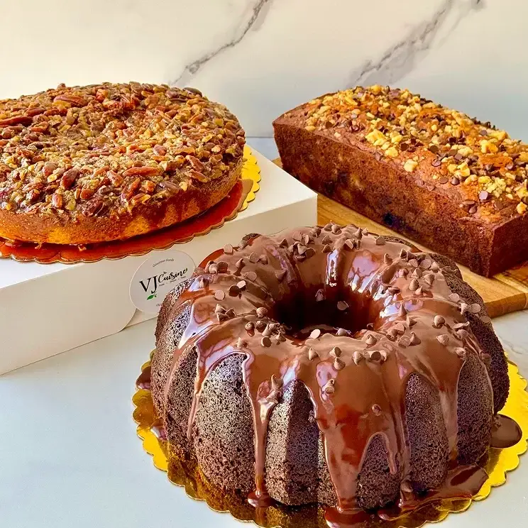 Pecan pie, loaf cake and chocolate bundt cake
