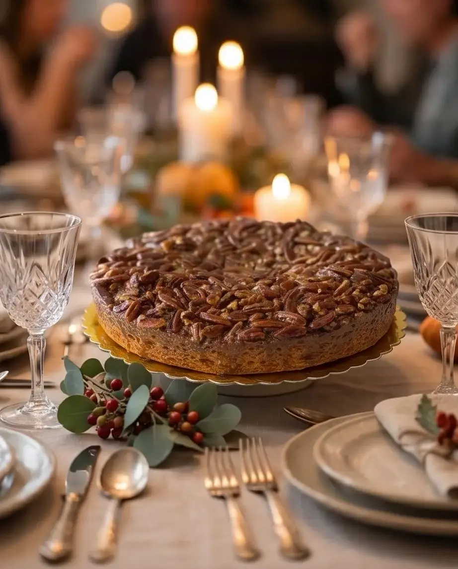 Pecan pie on a candlelit holiday table