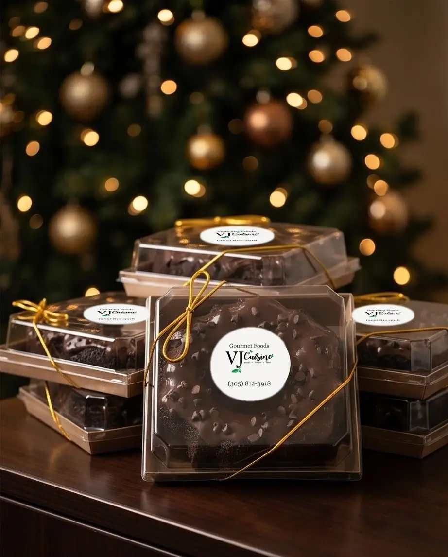Stacked chocolate holiday gift boxes in front of a Christmas tree